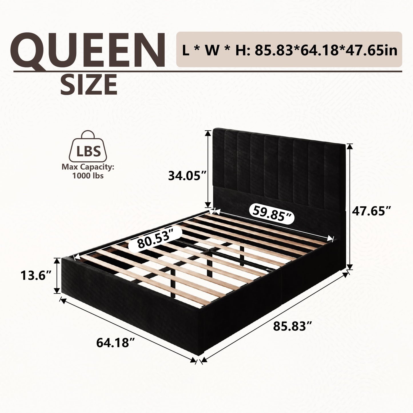 Sismplly Queen Size Cloud Bed Frame with 47" Tall Headboard, Velvet Upholstered Platform Bed with Thickened Sides & Footboard, Modern Floor-Standing Design, No Box Spring Needed, Easy Assembly, Black