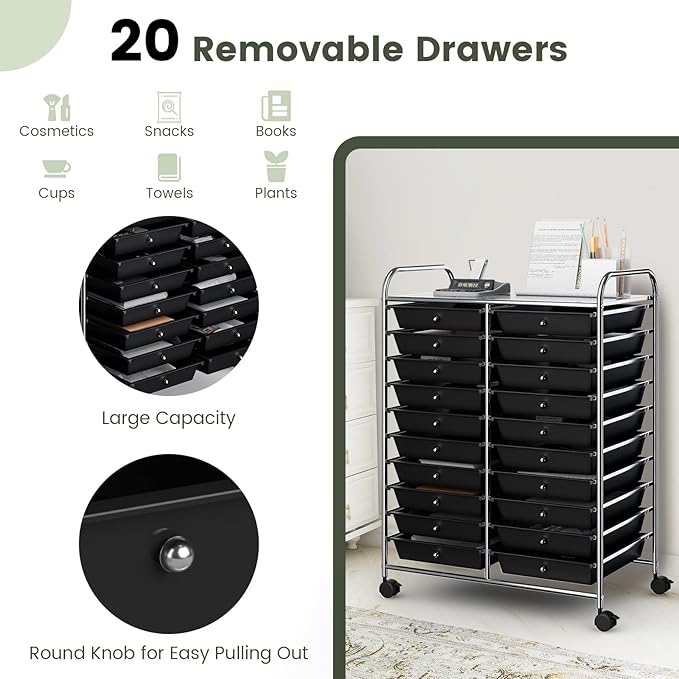 COSTWAY 20-Drawer Rolling Storage Cart, Utility Storage Organizer Cart for Tools, Scrapbook, Paper, Craft, Multipurpose Storage Trolley on Wheels for Home Office School (Black)