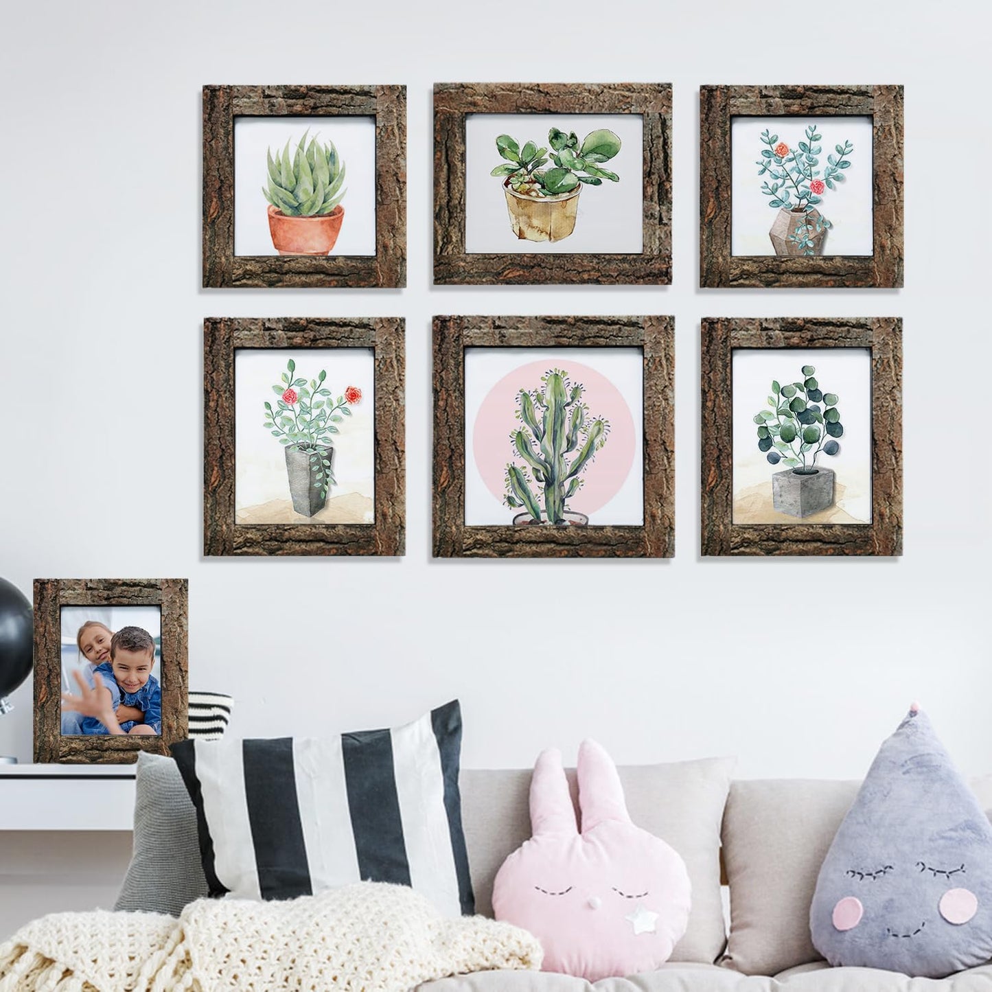 IKEREE 5x7 Rustic Picture Frames with Real Bark, Made of Natural Wood and Real Glass, Display Pictures for Tabletop or Wall Mounting.