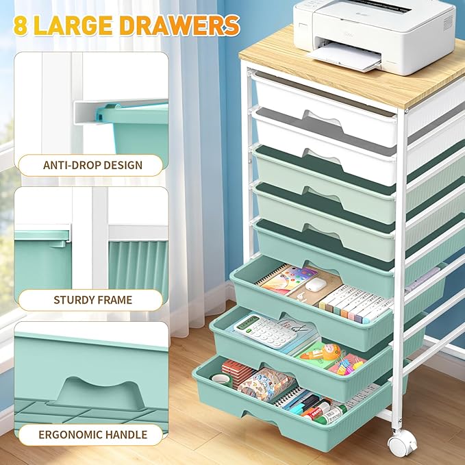 SUNALLY Rolling Storage Utility Cart With 8 Drawers, Storage Drawer Cart with Wooden Tabletop and 2 Lockable Wheels, 8 Tier Rolling Cart for Craft Art Supply Storage & Home Office Organization, Green