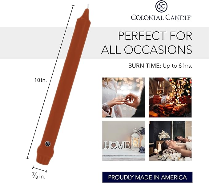Colonial Candle Unscented Taper Candle, Classic Collection, Amber, 10 in, Pack of 12 - Up to 8 Hours Burn