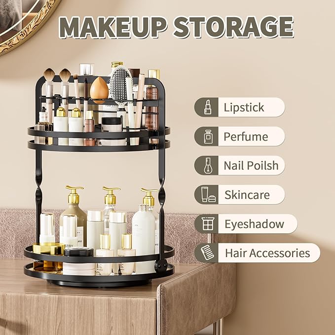 360° Rotating Makeup Organizer, 2-Tier Black Perfume Organizer for Dresser, Bathroom Organizers Countertop, Perfume Shelf with Makeup Brush Holder, Skincare Holder Cosmetic Display(Black)