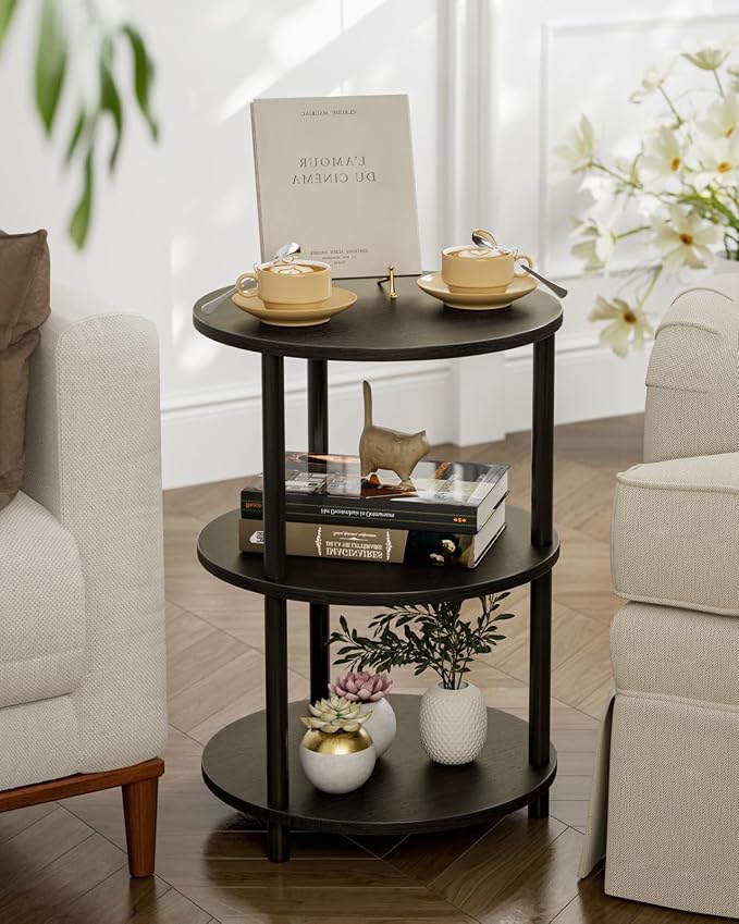 XBurmo Round Coffee Table for Living Room - Narrow Side or Bedside Stand, Industrial Vintage Nightstand for Bedroom, or Small Spaces, Charcoal Wenge