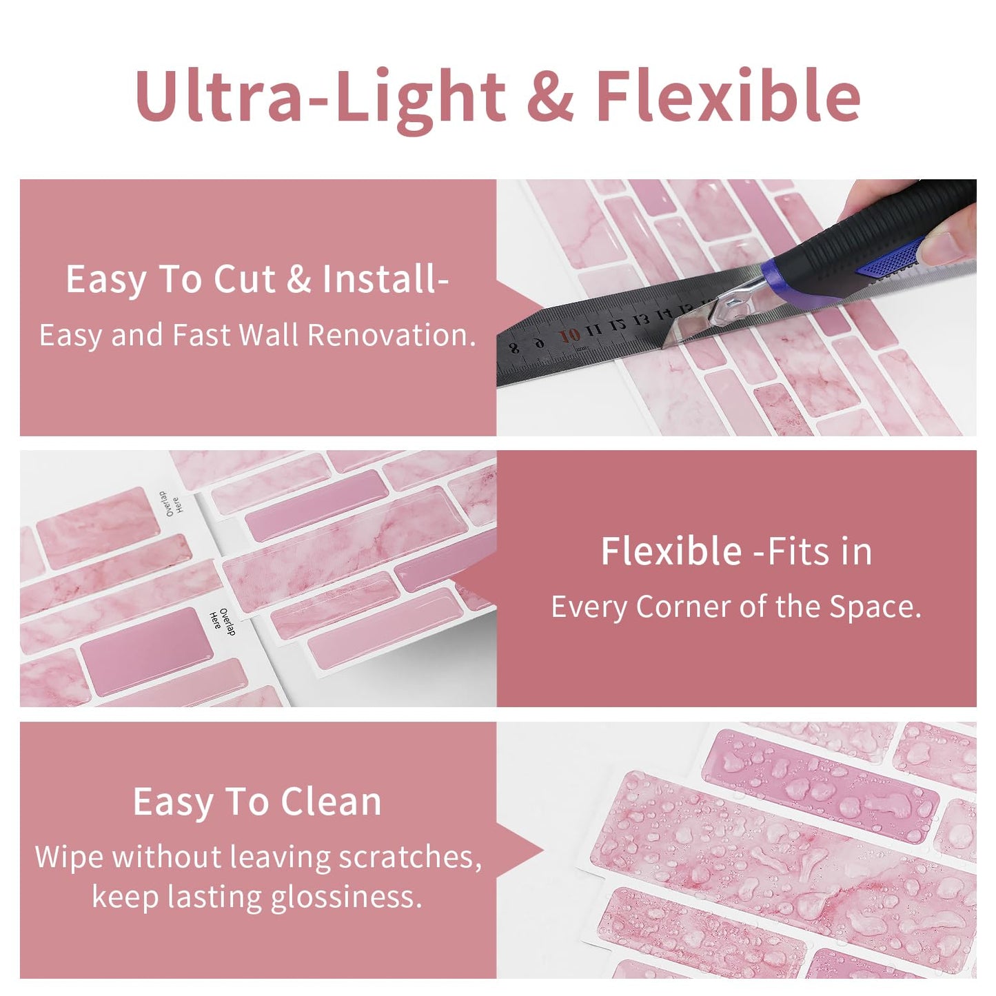 Alwayspon 9.69x4.72inchx10Pcs Marble Subway 3D Self Adhesive Wall Tile Sticker, Peel and Stick Adhesive Waterproof Backsplash Stick on Tile Decal for Kitchen Bathroom Wall, Pink