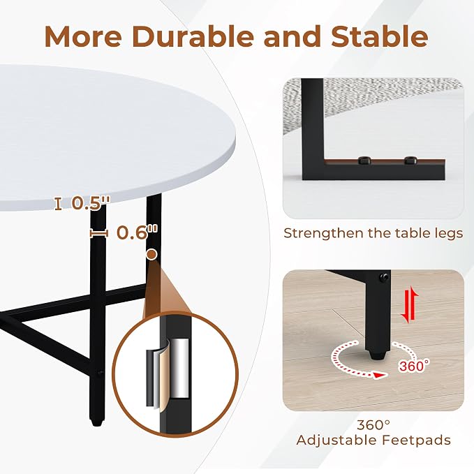 FAMIDGE Coffee Table, 23.6" Coffee Tables for Living Room, Round Coffee Table with Metal Frame, Floor Table for Sitting on The Floor, Home, Office, White