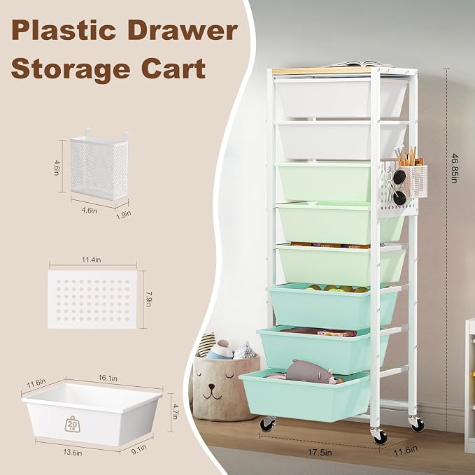 Rolling Cart with Drawers, Rolling Storage Cart with Large Plastic Drawers & Wooden Tabletop, Utility Cart with Pegboards & Basket, Storage Drawers Cart for Living Room, Classroom, Bedroom, Office