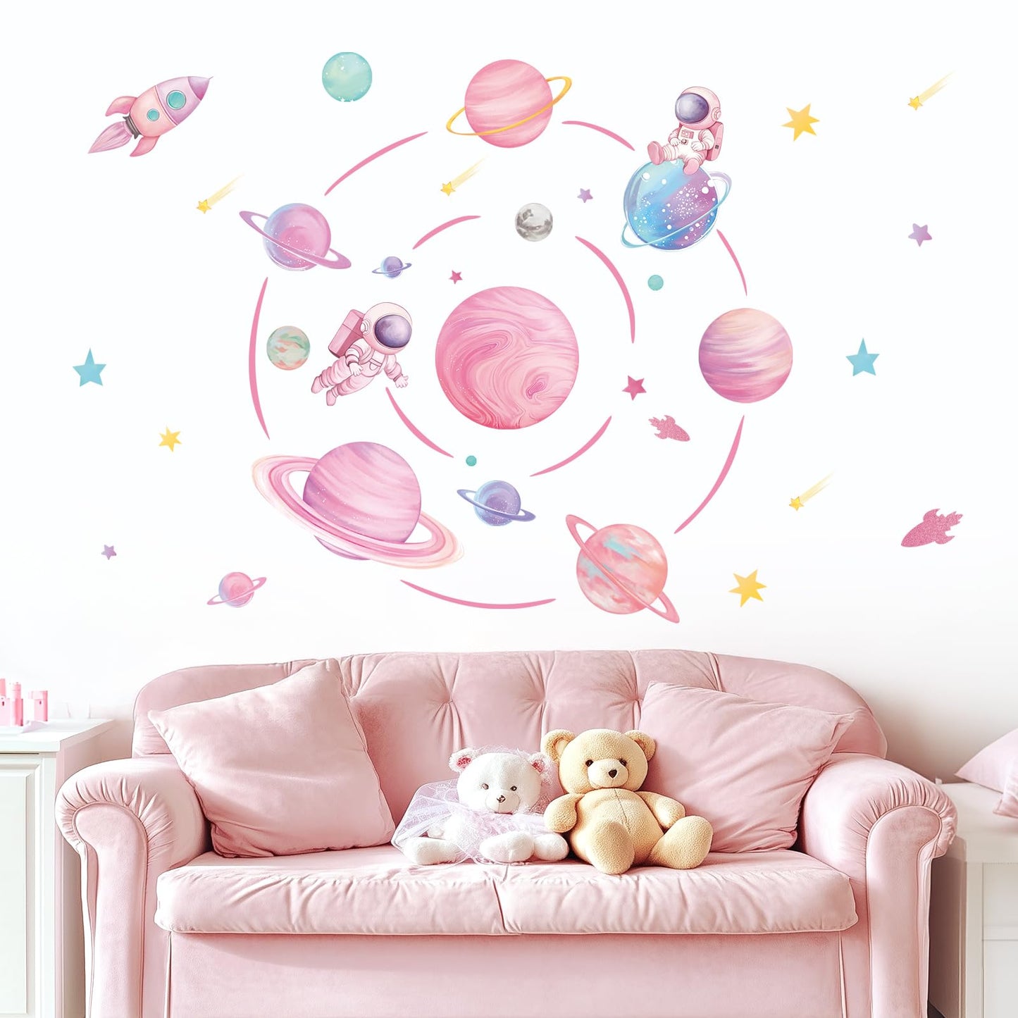 fufuquare Pastel Pink Planet Orbits Wall Decals, Fantasy Outer Space Themed Wall Stickers with Rocket Astronaut and Stars for Kid's Bedroom, Nursery, Playoom, Peel and Stick Reusable