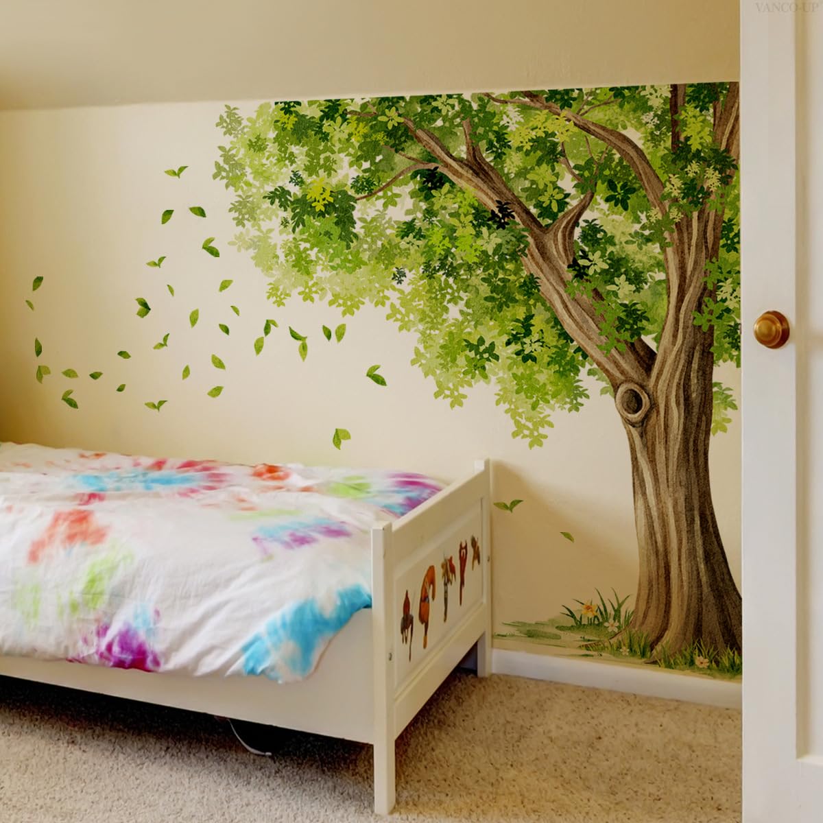 ZARROUEA Large Tree Wall Decals Green Big Tree and Falling Leaves Wall Stickers Peel and Stick Removable Wall Art Decals DIY Vinyl Green Trees Home Decor for Bedroom Kids Bedroom Sofa TV Background