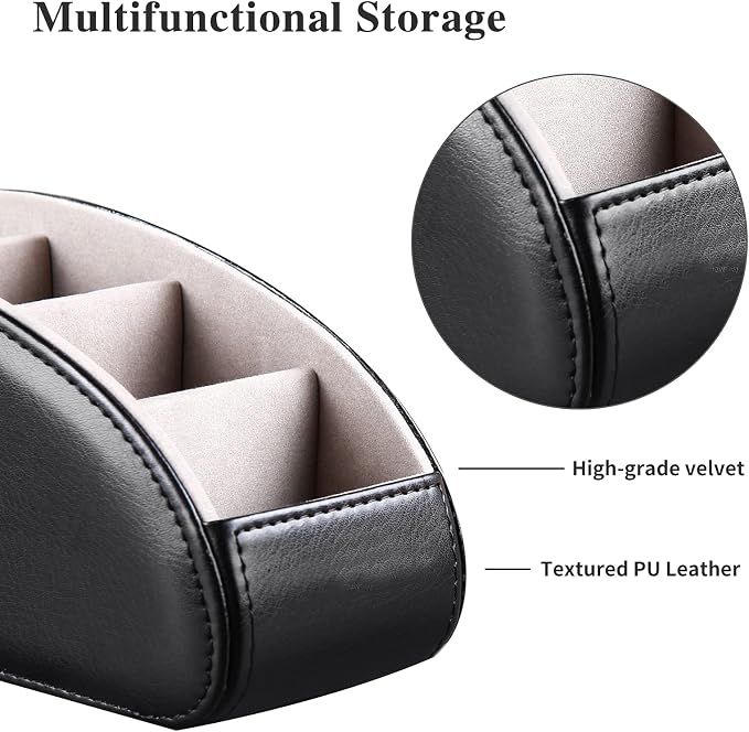 YAPISHI Large Leather TV Remote Control Holder Organizer Black with 5 Compartments Nightstand Desktop Media DVD Player Remote Tray Caddy Storage Box for Mobile Phone Pen Office Stationery Controllers