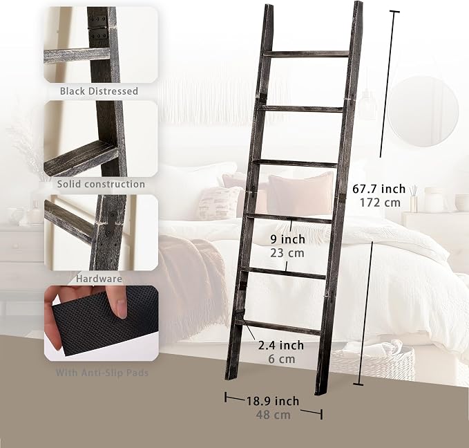 Blanket Ladder for The Living Room 6-Tier, Wooden Decorative Quilt Holder for Bed Room, Wall-Leaning Wood Towel Rack for Bathroom，Rustic Farmhouse Ladders for Display.(Black Wash)