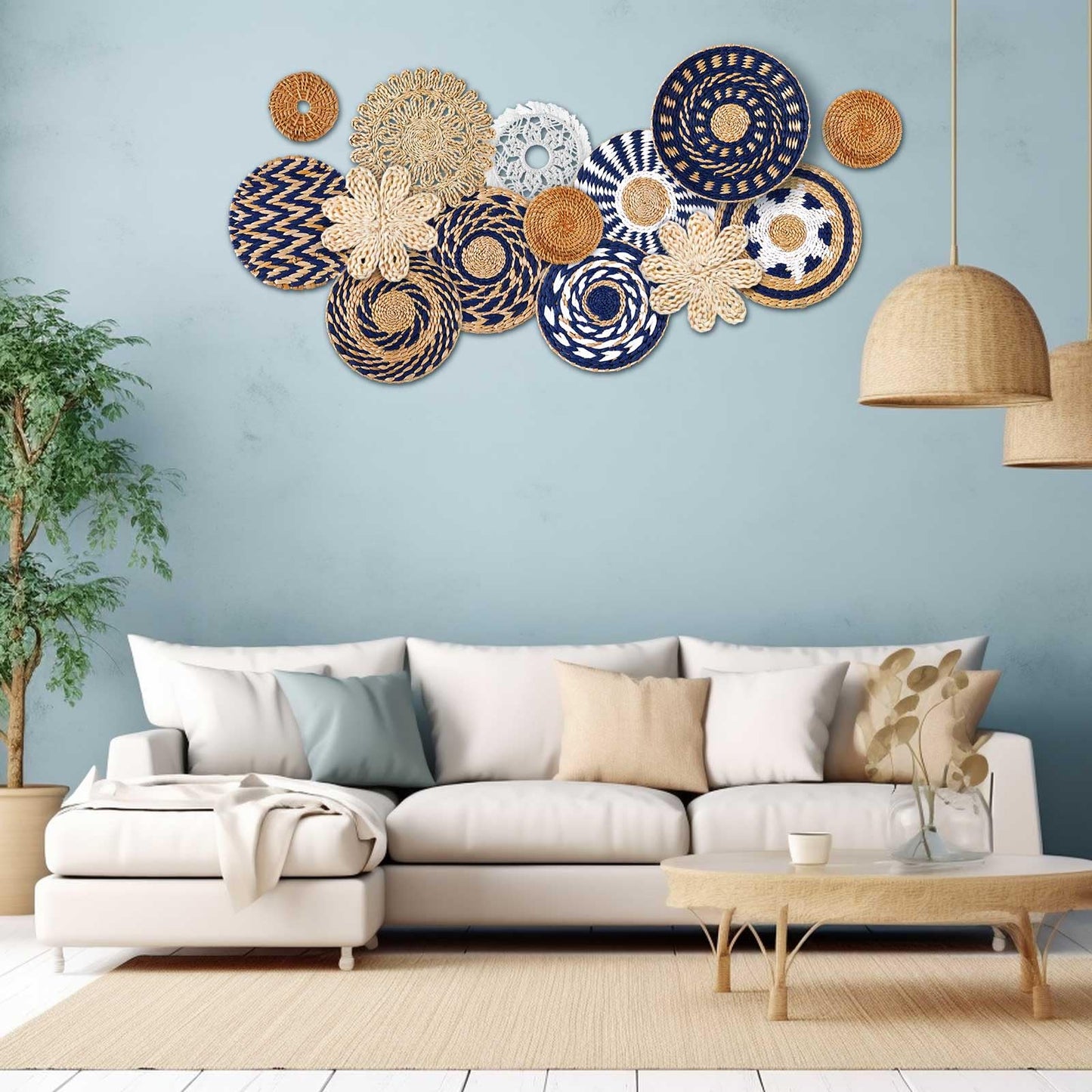 Xuhal 15 Pcs Boho Wall Basket Decor Handcrafted Seagrass Woven Wall Basket Rustic Round Woven Hanging Art for Home Farmhouse Kitchen Table Living Room(Blue Classic Style)
