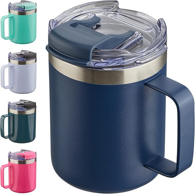 12oz Insulated Coffee Mug Cup with Handle, Stainless Steel Travel Coffee Mug with Flip Lid, Double Wall Vacuum Coffee Tumbler, Navy