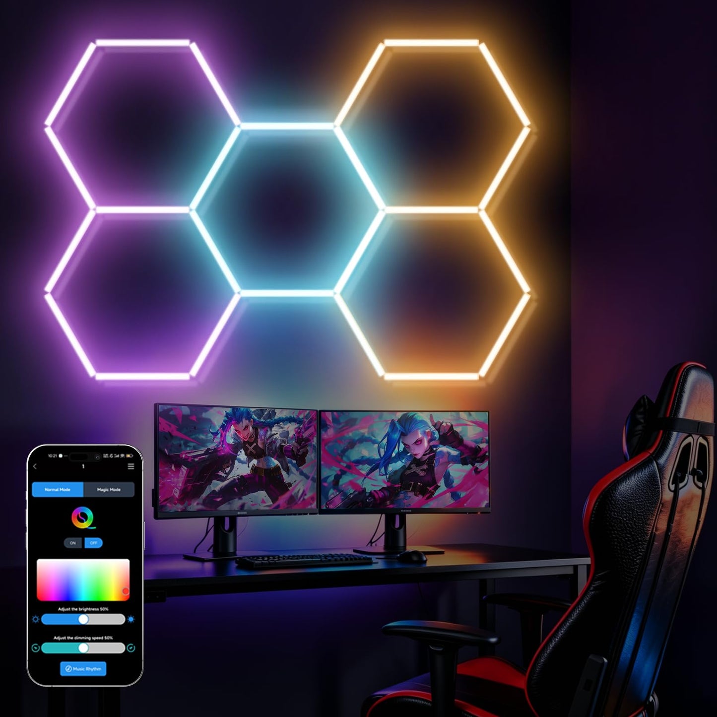 Hexagon LED Lights RGB，Hexagon Garage Lights Color Changing, Dimmable Linkable DIY with Music Sync, Adjustable Speed Hex Lighting for Gaming Room, Bar Club, Home Party, Gym (5 hex)