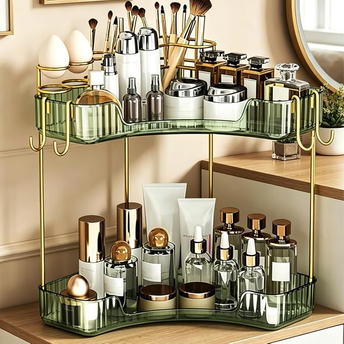2-Tier Corner Bathroom Counter Organizer，Makeup & Skincare Shelf with Built-in Brush Holder，Space-Saving Bathroom Countertop Organizer for Skincare, Perfume, Cosmetics(Green)