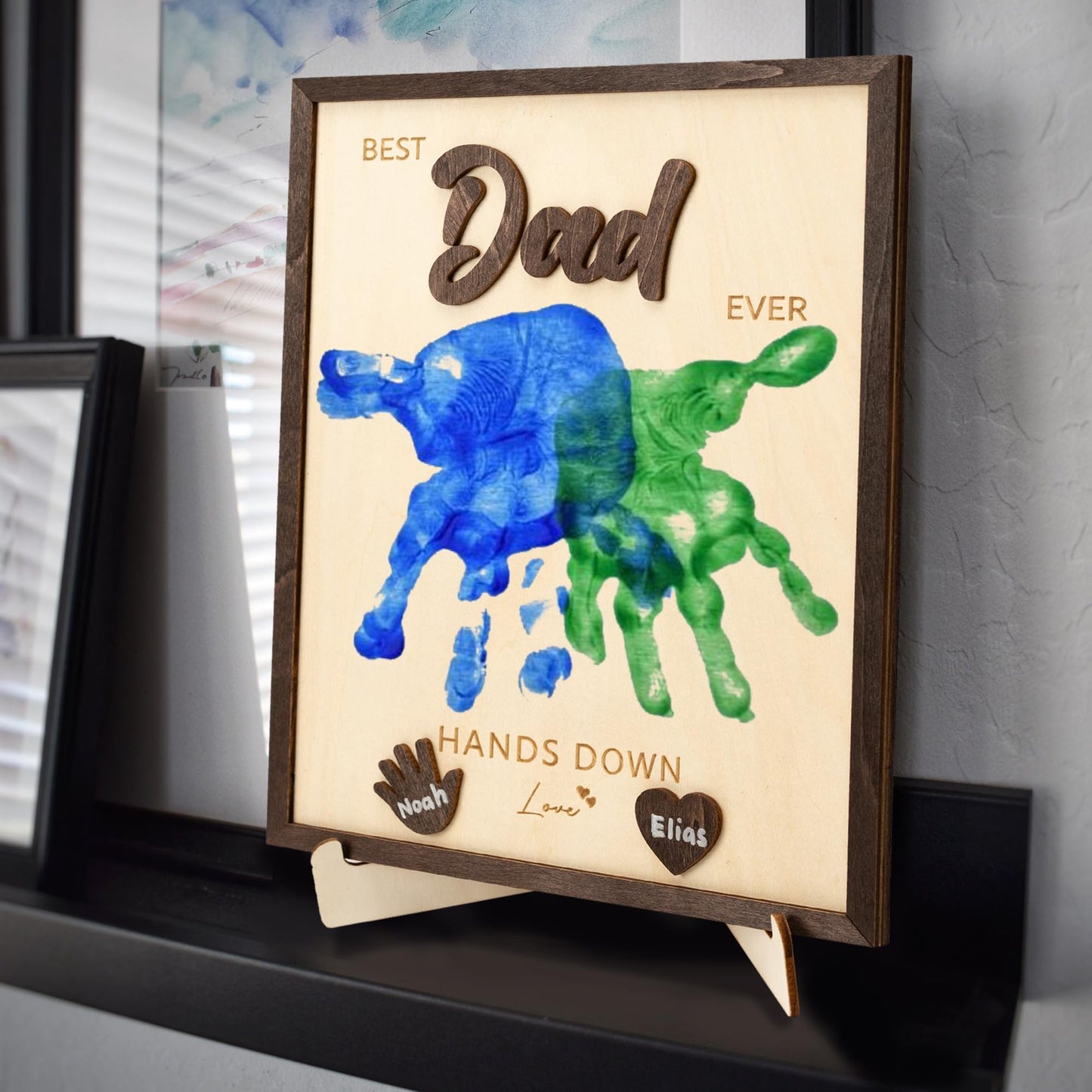 Best Dad Ever Hands Down Sign Wooden Handprint Frame DIY Gifts, Fathers Day Personalized Gifts from Kids, Daughter, Son - Fathers Day Crafts for Kids, Custom Birthday Gift for New Dad, Stepdad
