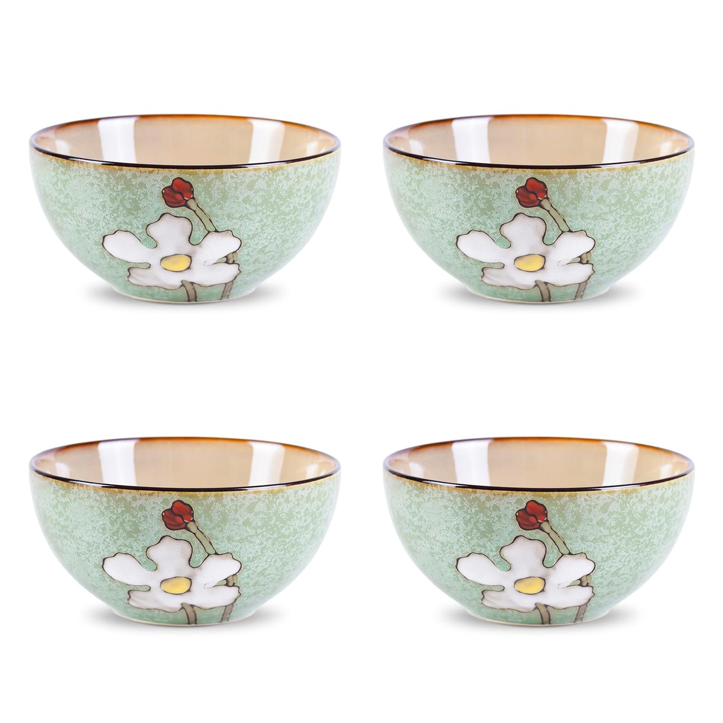 WHITEPEONY 28oz Ceramic Bowls Set of 4 for Kitchen, 6 Inch Hand-painted Floral Serving Bowls, Dishwasher Microwave Oven Safe, for Salad, Pasta, Ramen, Rice & Dessert, Breakfast Lunch Dinner, Green