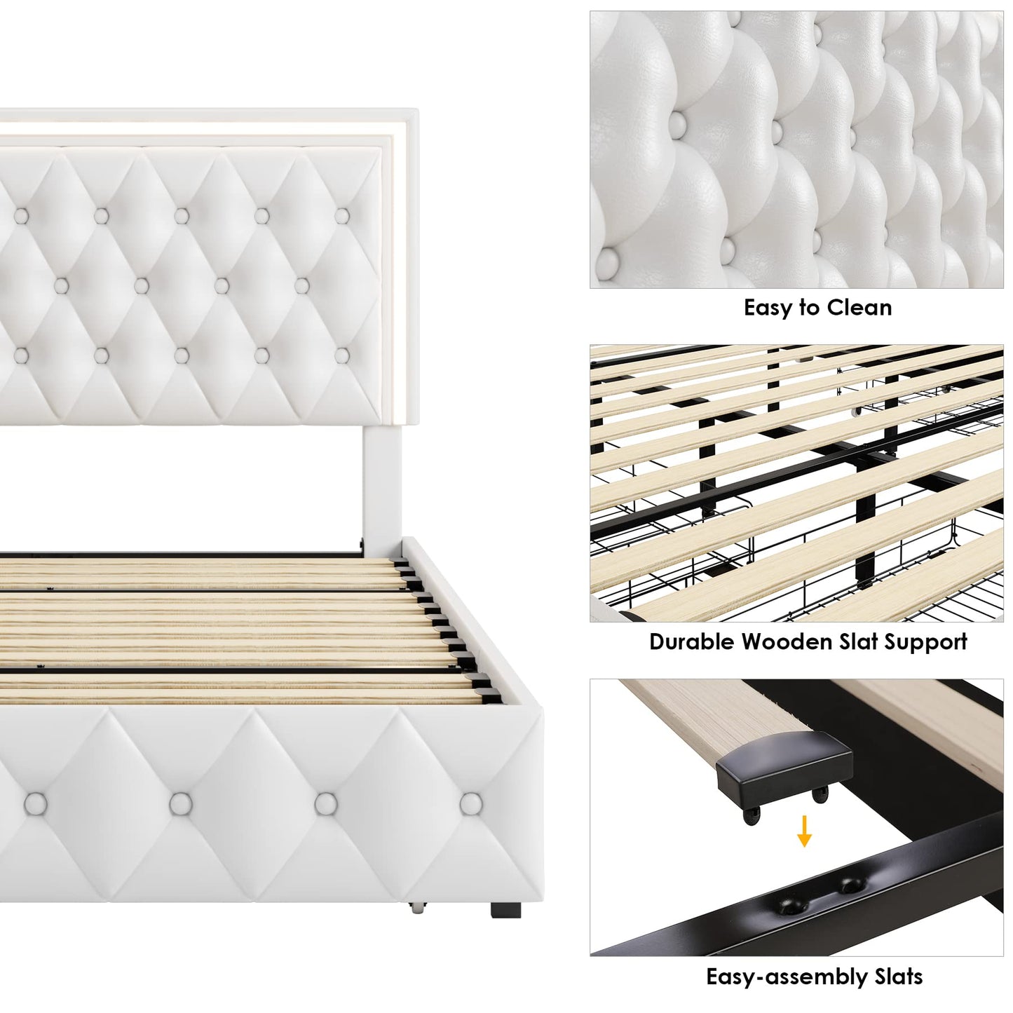 Keyluv Queen Upholstered LED Bed Frame with 4 Drawers, PU Leather Platform Storage Bed with Adjustable Button Tufted Headboard and Solid Wooden Slats Support, No Box Spring Needed, White