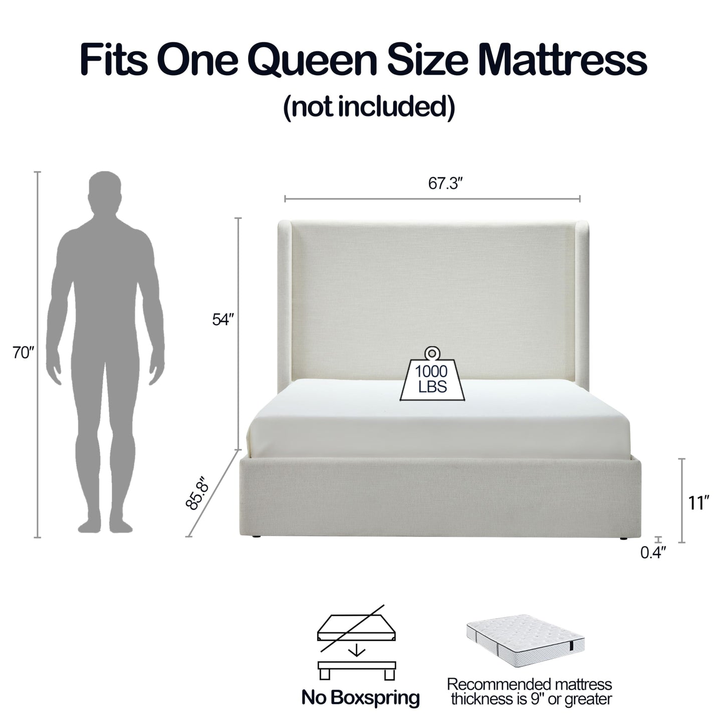 Tall Headboard Upholstered Bed,Queen Size Platform Bed Frame with 54" High Wingback Headboard,No Box Spring Needed,Wood Slat Support,Easy Assembly,Modern Minimalist Premium Textured,Ivory Chenille