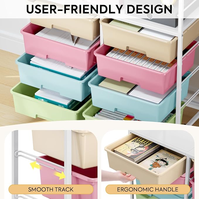 Rolling cart with 8 drawers,Storage drawer cart with wooden tabletop,Lockable wheels organizer for homeschool, arts & crafts, classroom, office & creative spaces (Colorful)