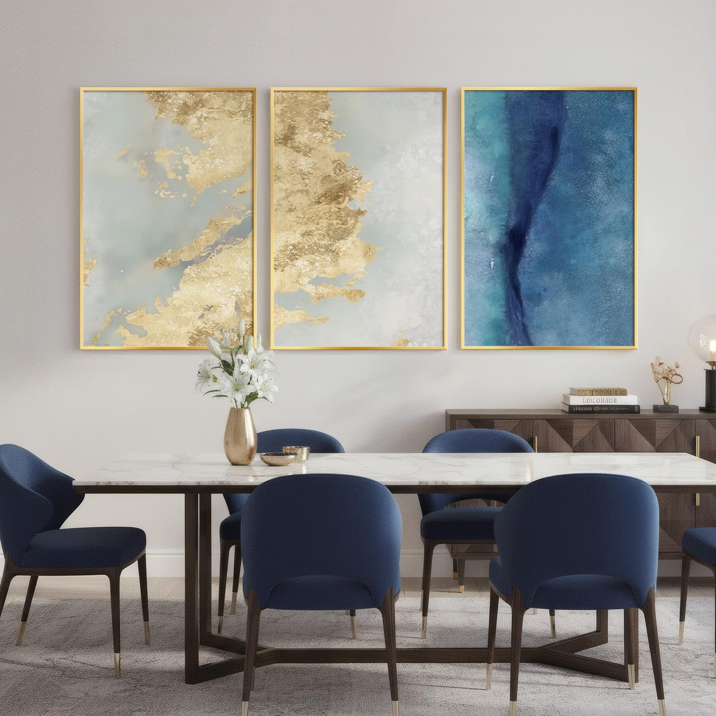 Large Framed Abstract Wall Art for Living Room, Luxury 3 Piece Canvas Blue White and Gold Prints Paintings for Walls, Modern Minimalist Pictures for Dining Bedroom Hallway Office Home Decor 24x36 In