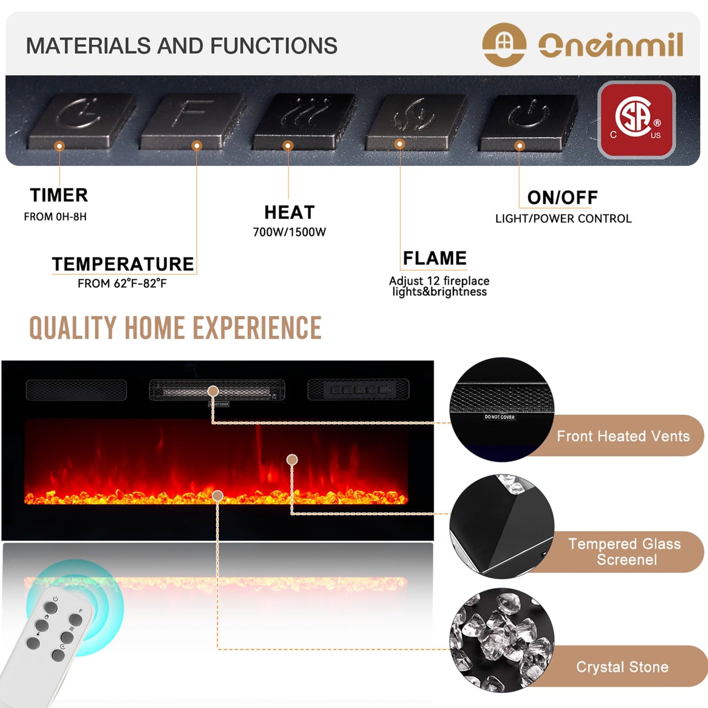 oneinmil Fireplace TV Stand with 36” Electric Fireplace, 2 Tier TV Console Stand for TVs Up to 90"", LED Light Entertainment Center, Fireplace for The Living Room TV Stand, Black, 80''