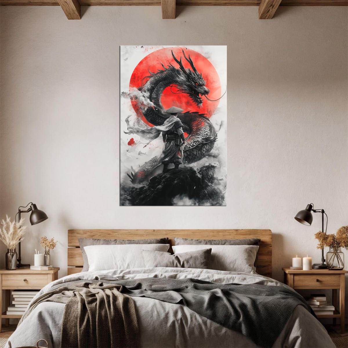 Samurai Black Dragon Canvas Wall Decor Red Sun Japanese Warrior Art Print Asian Dragon Poster for Living Room Bedroom Ready To Hang-18x24 inch