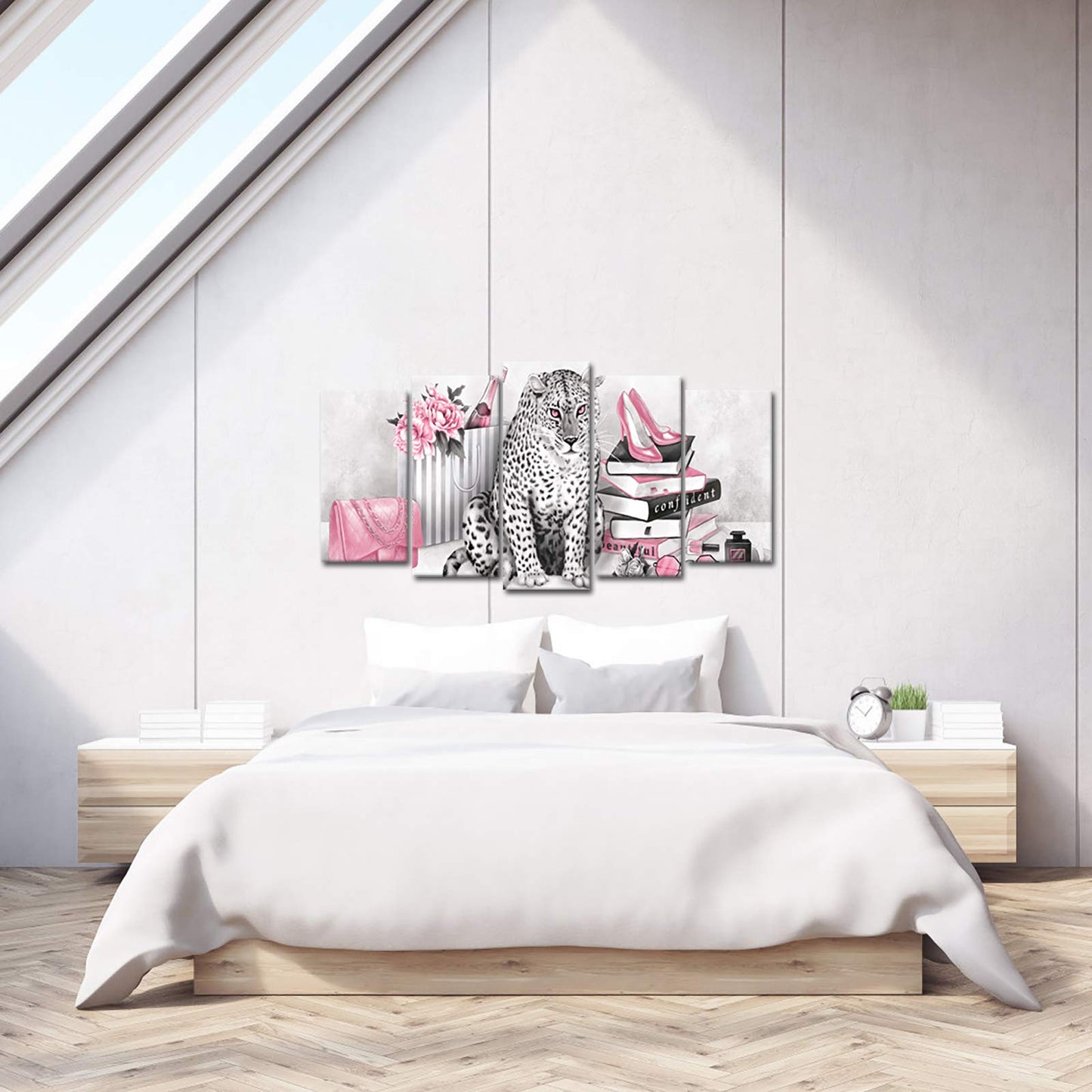 Kalormore 5 Pcs Leopard Canvas Black and White Wall Art Prints Glam High Heel Shoes Books Poster Giclee Prints Picture for Woman Bedroom Girl Gift Makeup Room Decoration (Pink, L-60 xH-32)
