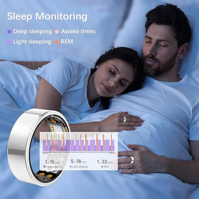 Ring Health Tracker for Women Men, Fit Ring with Heart Rate, Blood Oxygen, Sleep Monitor, Calories, Step Counter, IP68 Waterproof Smart Ring for iPhone & Android, No Subscription Fee (Silver, 7#)