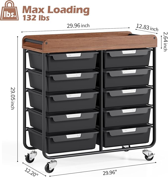 10 Drawers Rolling Cart with Wooden Tabletop, Utility Storage Cart with Wheels, Art Supply Craft Organizer on Wheel with Metal Frame & Handles for Home Office School,Black