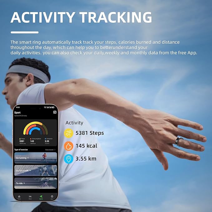 Smart Ring for Women Men, Health Fitness Tracker, 10ATM Waterproof Ring for iOS and Android, No Subscription Fee (Black, 12)