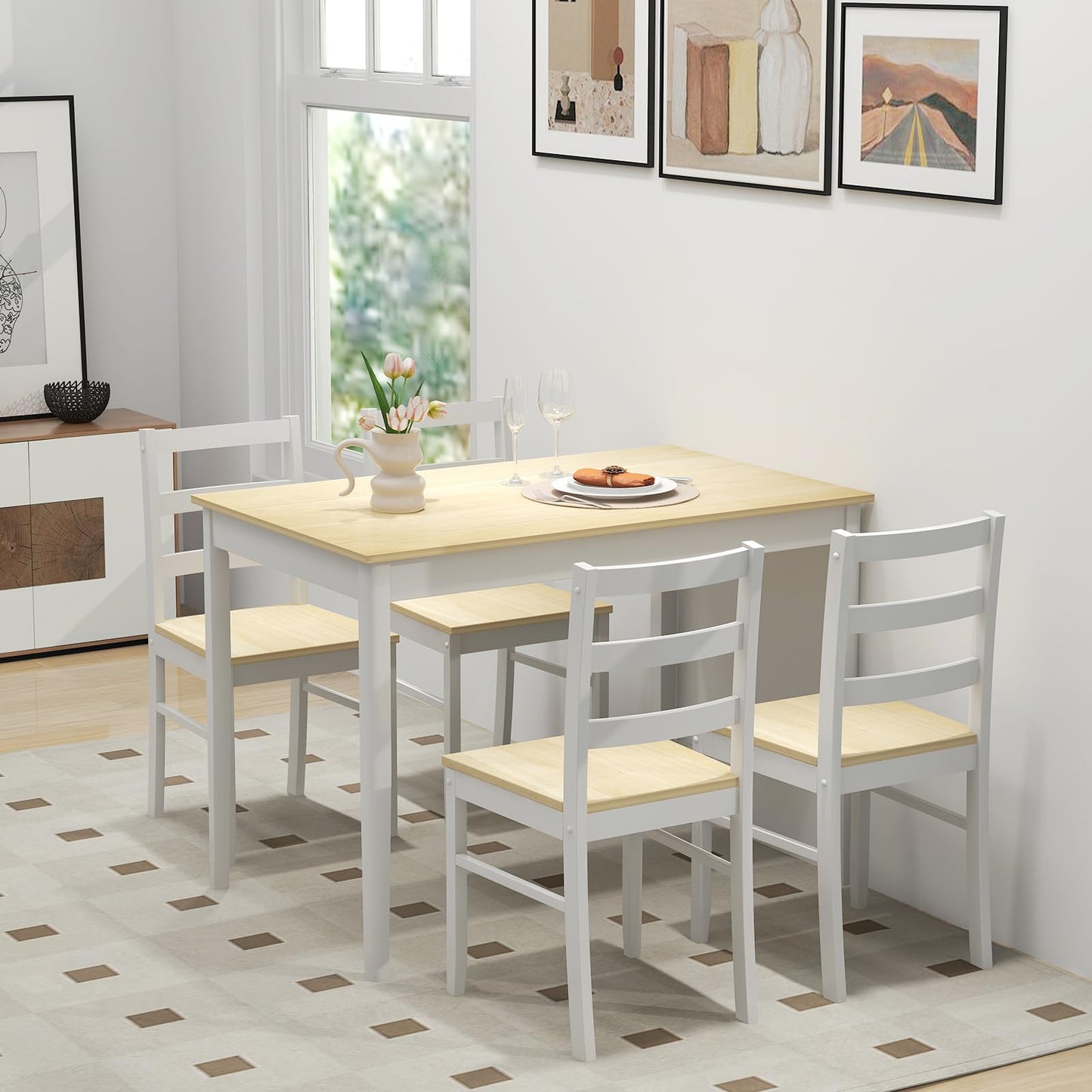 Giantex 5-Piece Dining Table Set for 4, 45" Rectangular Kitchen Table and Chairs Set with Solid Rubber Wood Legs, Space Saving Dinette Set for Small Space, Breakfast Nook, Restaurant (Beige)