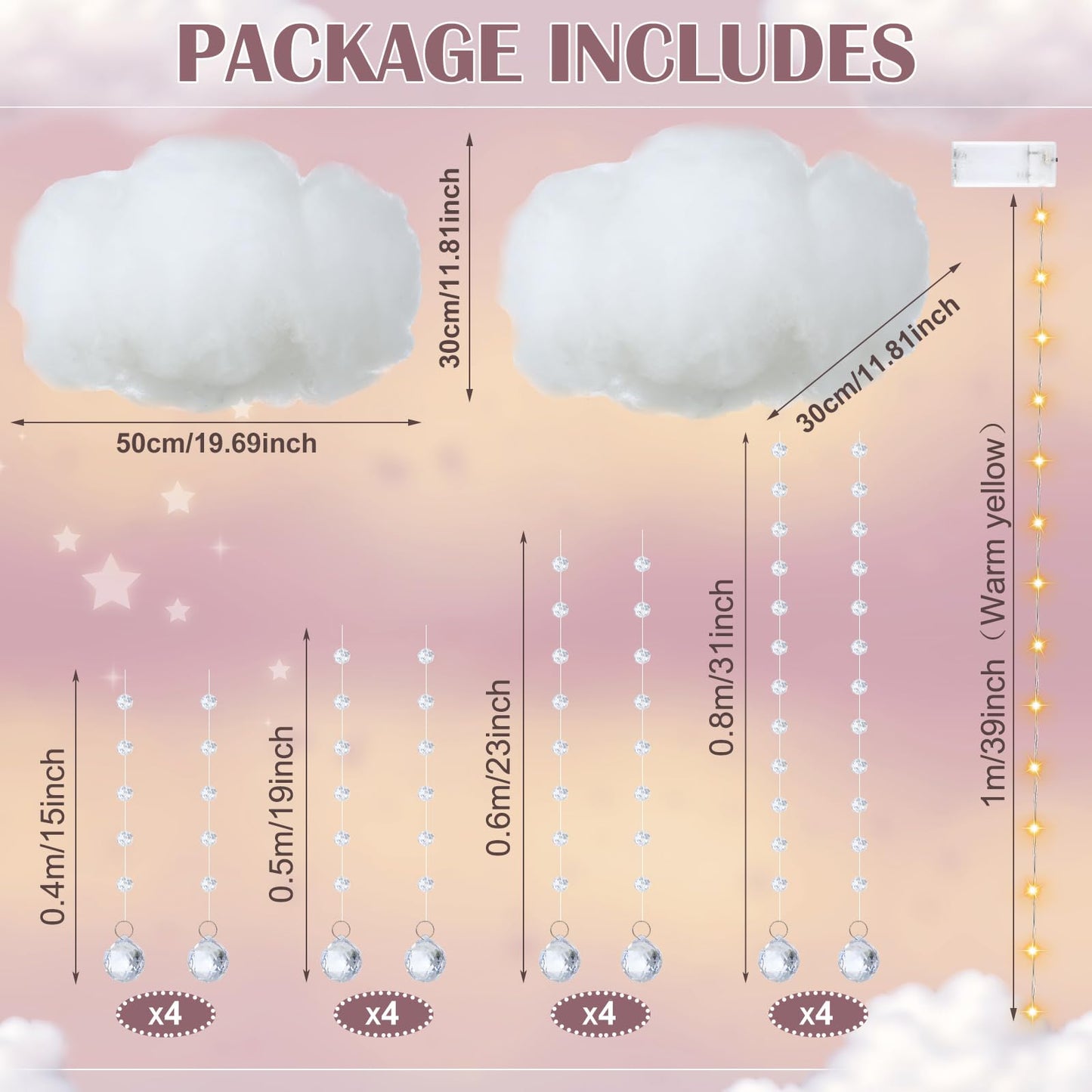 Marsui Artificial Cloud Props LED Hanging Cloud Light String Fake Imitation 3D Cotton Classroom School Decor Raindrop for Room Ceiling Baby Shower Party Wedding Nursery Classroom Wall DIY Decor(2 Pcs)