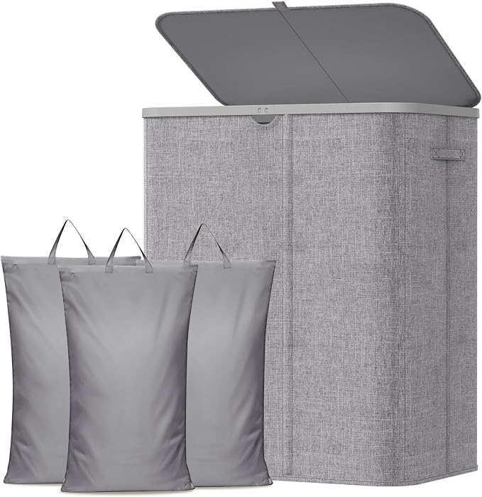 Lifewit 185L 3 Section Laundry Hamper with Lid, Large Laundry Basket with Handles and Removable Bags, Tall Clothes Hamper, Foldable Laundry Sorter for Bedroom Bathroom, Light Gray