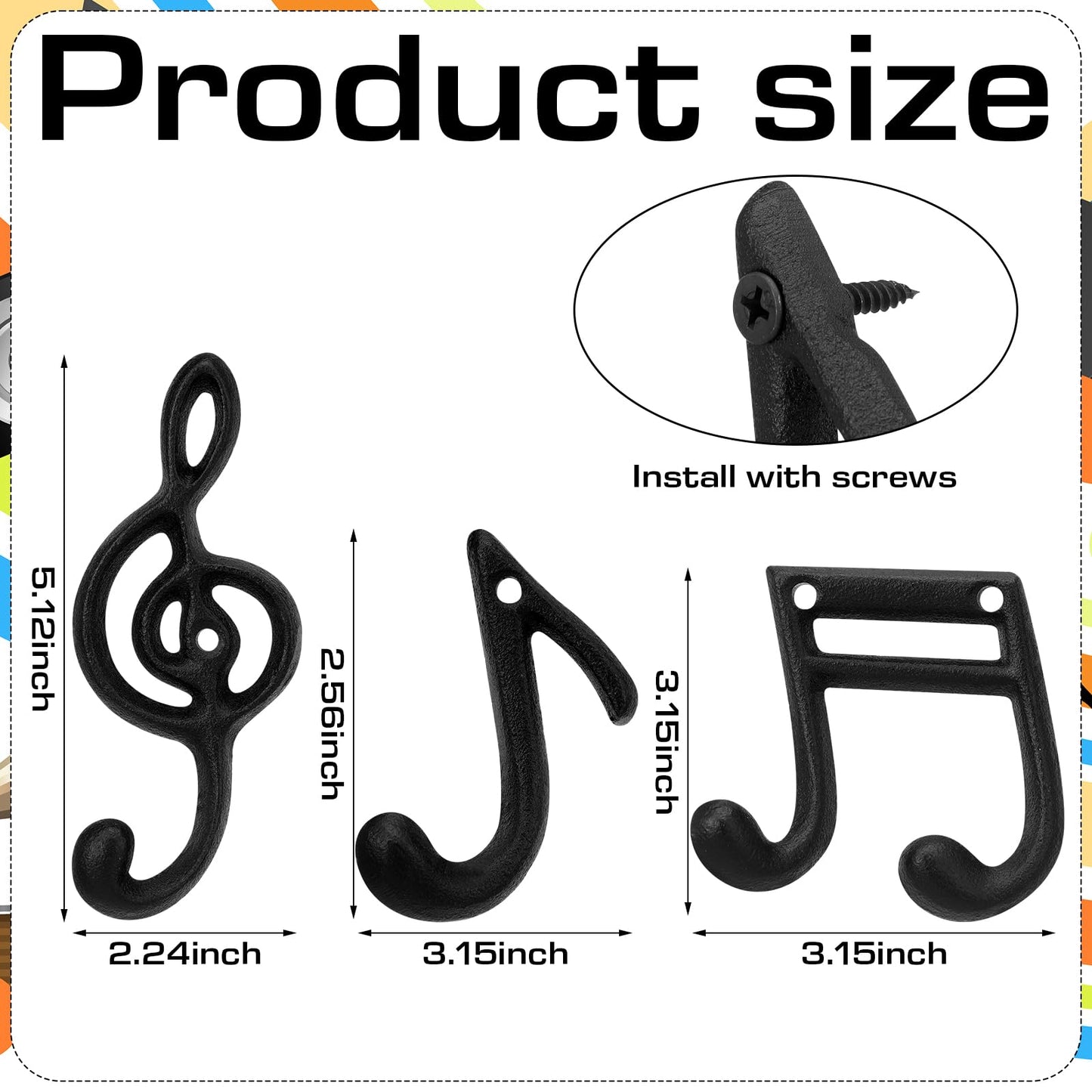 Otoolling 3 Pcs Musical Note Black Finish Cast Iron Hook Musical Note Wall Decorative Hooks with Screws for Music Room Home Kitchen Outdoor Garden Hanging Clothes Caps Bags