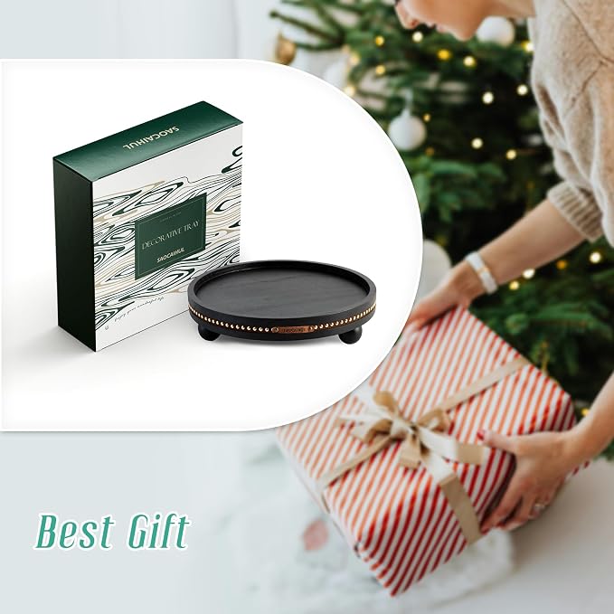 Farmhouse Decorative Round Tray, 11.81 Inch, Versatile Centerpiece Tray for Coffee Table Kitchen Living Room Bathroom, Home Decor Accent Black