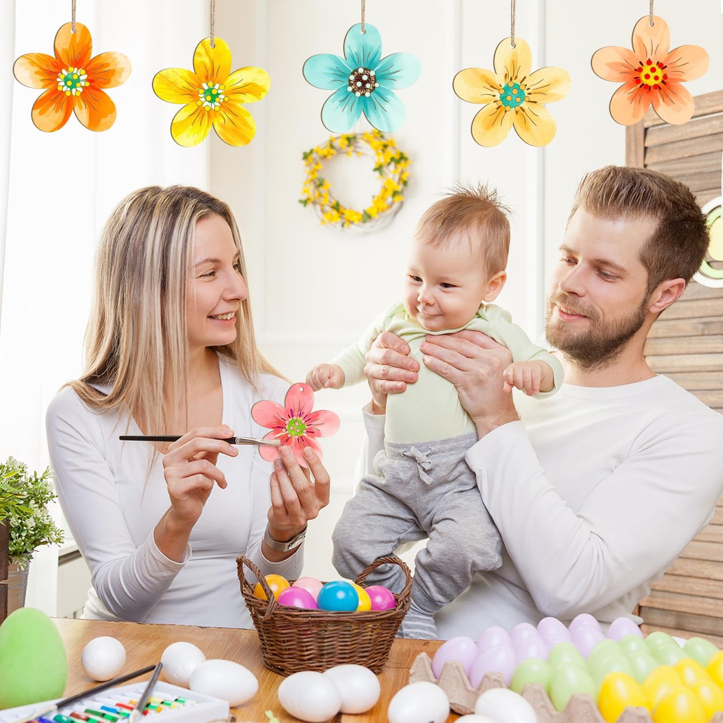 Wooden Flower Ornaments to Paint Easter Spring Decoration Cutouts Unfinished 24PCS 3.5 x 3 inches, DIY Blank Unfinished Christmas Tree Wood Discs Ornament for Home Crafts Hanging