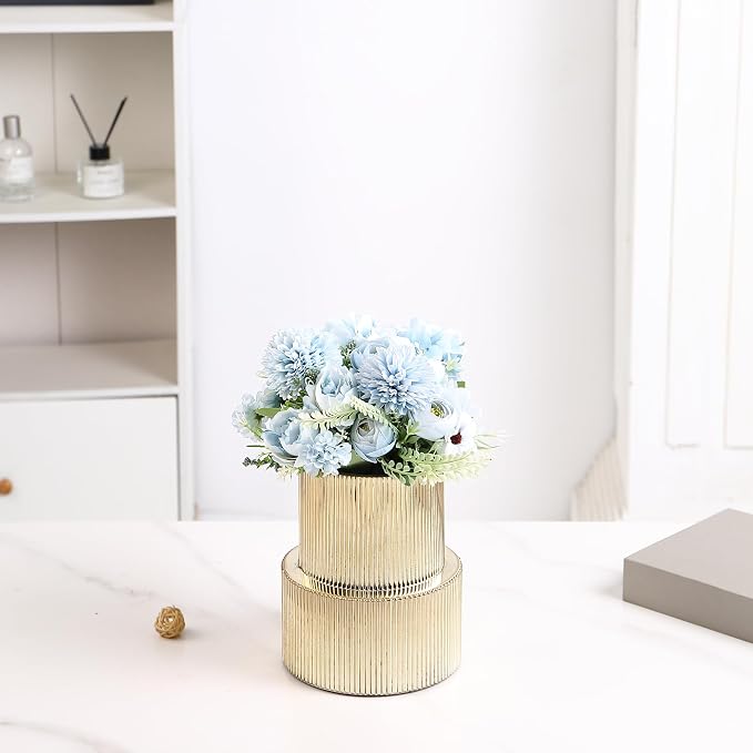 Ribbed Glass Vase, Flower Vase, Fluted Gold Vases for Flowers, Modern Vases for Living Room, Dining Table, Entryway, Shelf, Wedding, Office, Coffee Table, Birthday, 7.5 Inches