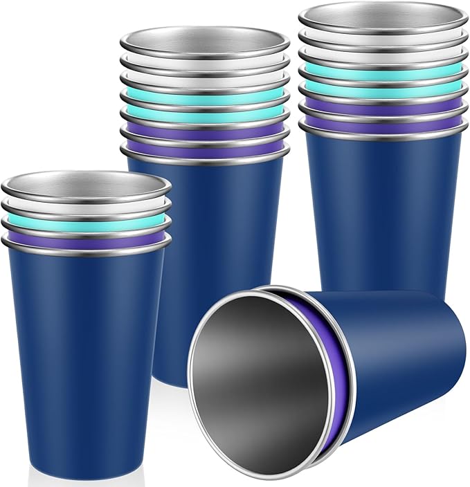 Mimorou 20 Pack 16 oz Stainless Steel Pint Cups Metal Cups Unbreakable Drinking Water Tumblers Stackable Tumbler for Adults Bar Home Restaurant Travel Picnic Camping Outdoor (Colorful)