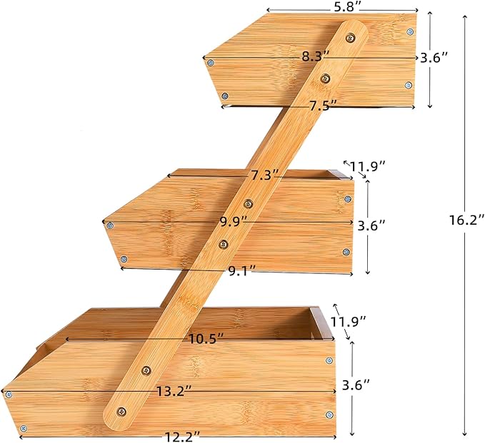 VIKEYHOME Fruit Basket, 3 Tier Bamboo Fruit Bowl for Kitchen, Stand Storage Holder, Heavy Duty/Large Capacity for Fruit, Vegetables Countertop Organizer