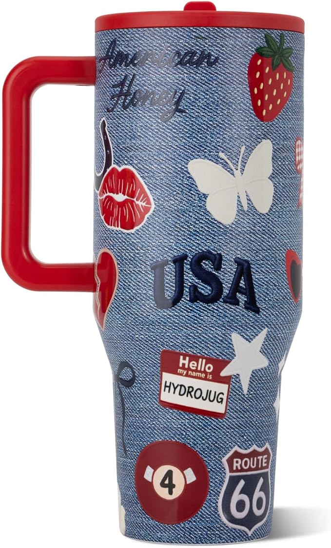 HydroJug Traveler - 40 oz Water Bottle with Handle & Flip Straw - Fits in Cup Holder, Leak Resistant Tumbler-Reusable Insulated Stainless Steel & Rubber Base - Gifts for Women & Men, American Honey