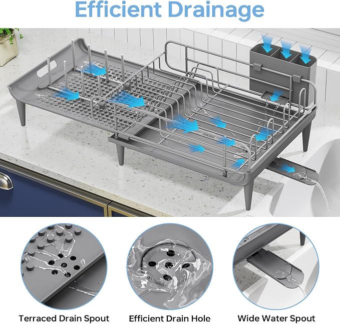 TOOLF Large Dish Drying Rack, Expandable Dish Rack for Kitchen Counter, Multifunctional Dish Drainer, Organization and Storage Essentials with Cup & Cutlery Holders, 16.7"-26.8" L x 12.6" W, Gray