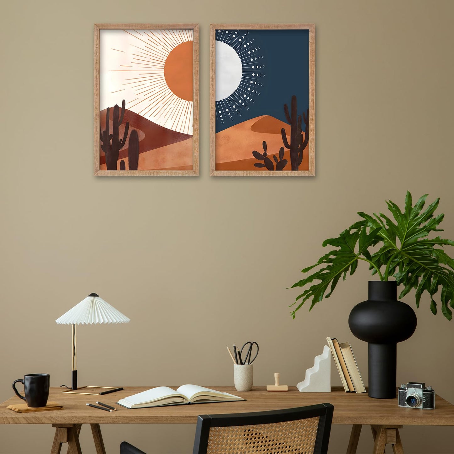 SRSZHIYUE Desert Cactus Landscape Day and Night Wall Art 16x11 Inch 2 Pieces Boho Abstract Wall Decor for Living Room Wooden Framed Hanging (Wood)