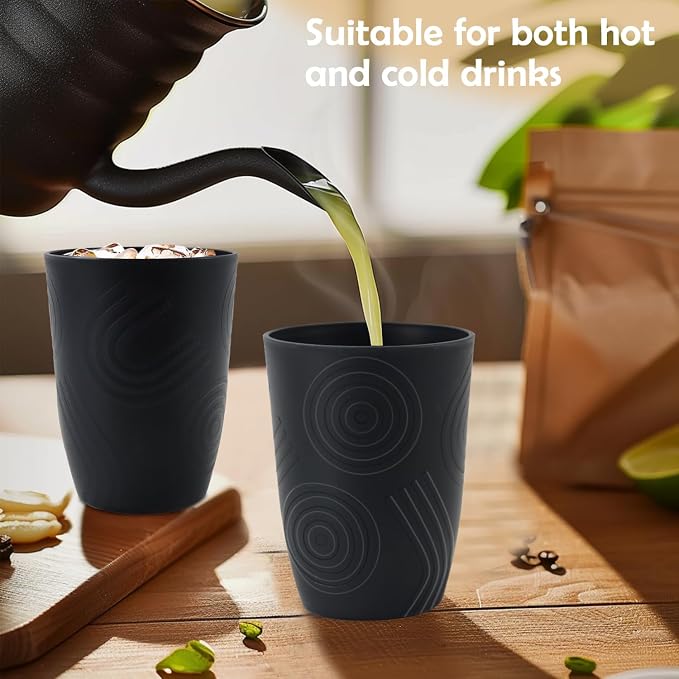 Wheat Straw Cups Sets of 6, Plastic Cups Reusable, Drinking Cup for Kitchen, Small Kids Cup, Unbreakable Water Cup, Dishwasher Safe Plastic Glasses for Kitchen, Camping, School (Black)