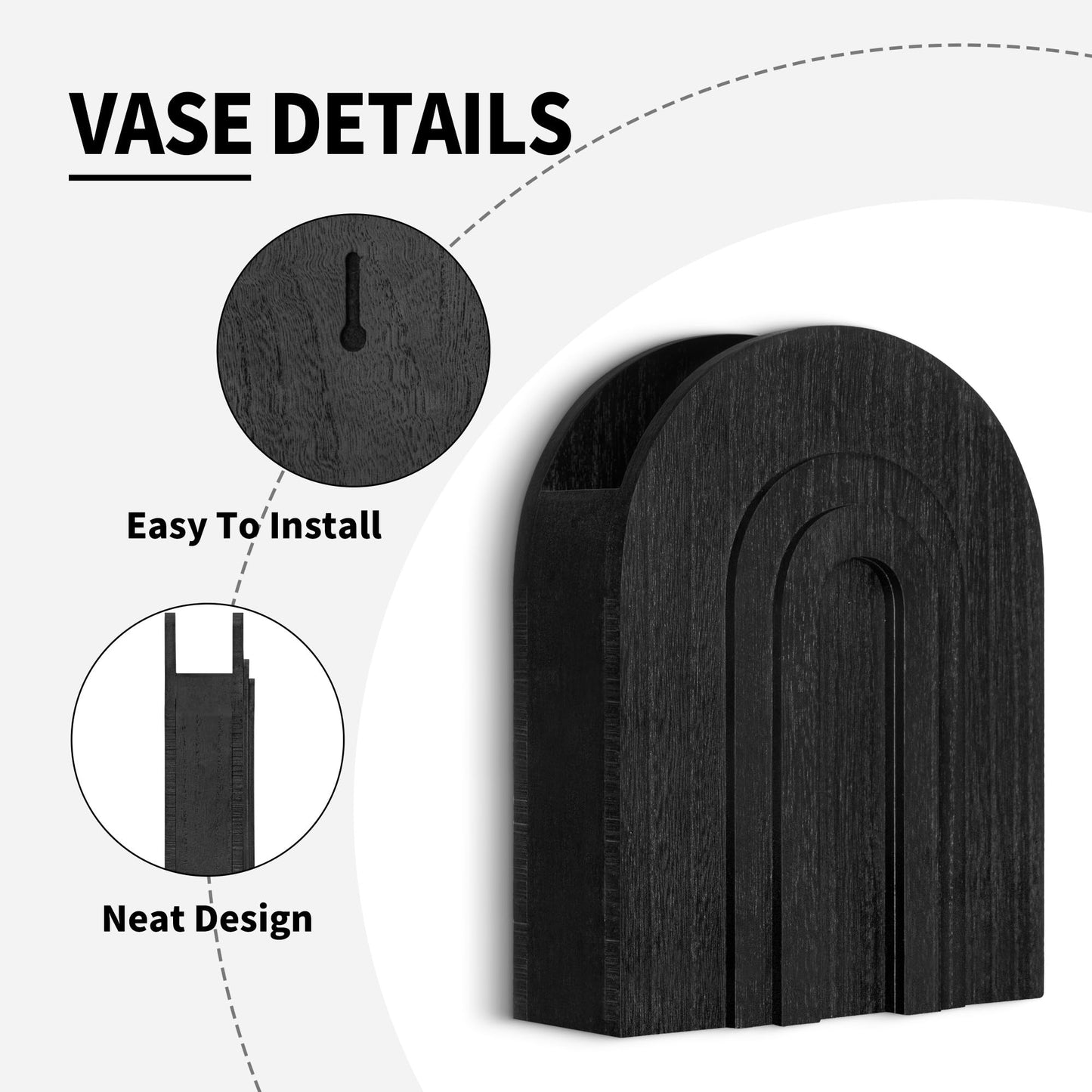 2 Pack Black Wooden Wall Vase for Pampas Grass & Dried Flowers, Modern Minimalist Decor for Living Room Bedroom, Hanging Wall Plant