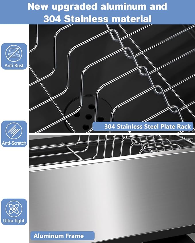 Dish Drying Rack, Thicker Premium Aluminum Frame and 304 Stainless Steel Plate Rack for Kitchen Counter, Automatic Drainage Spout, Dish Drainer & Drainboard Set with Utensil Holder, Black