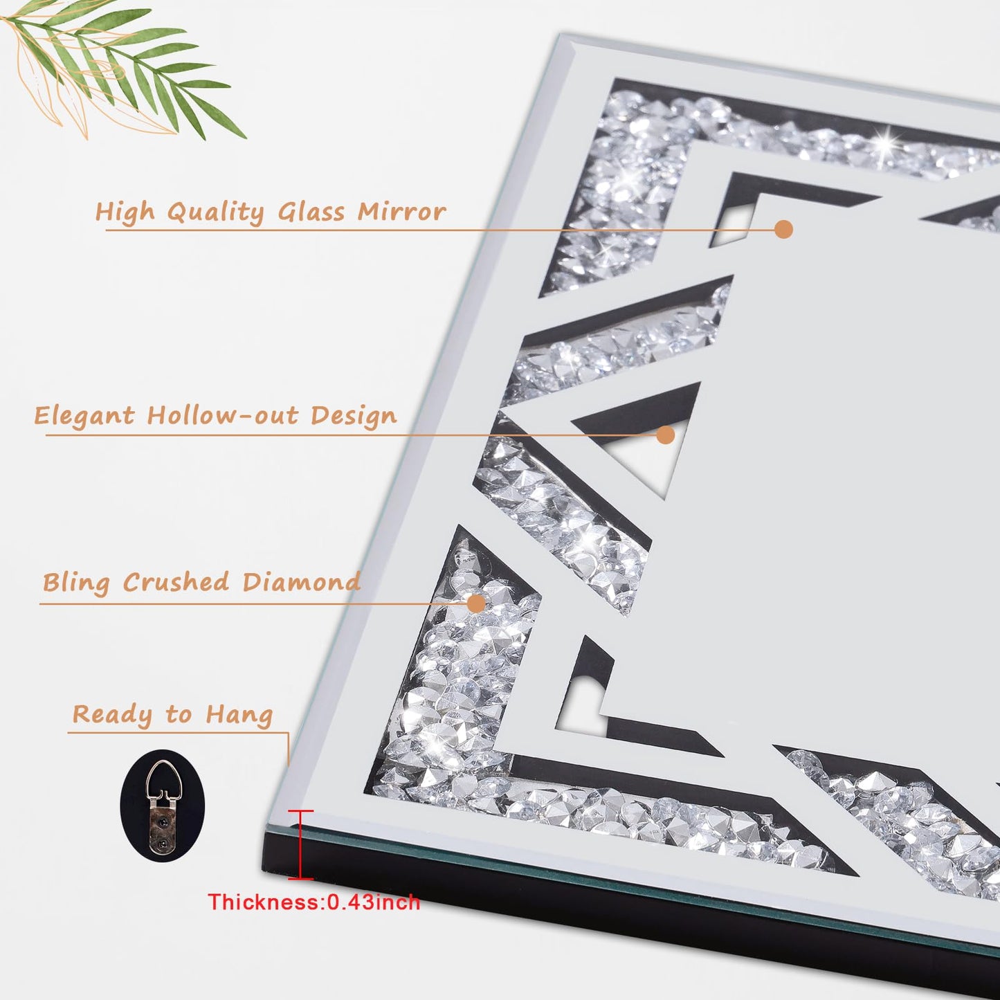 2 Piece Square Hollow Crushed Diamond Decorative Mirror, Silver Crushed Diamond Mirror Decor Wall for Living Room Bedroom Bathroom (12”x12”)