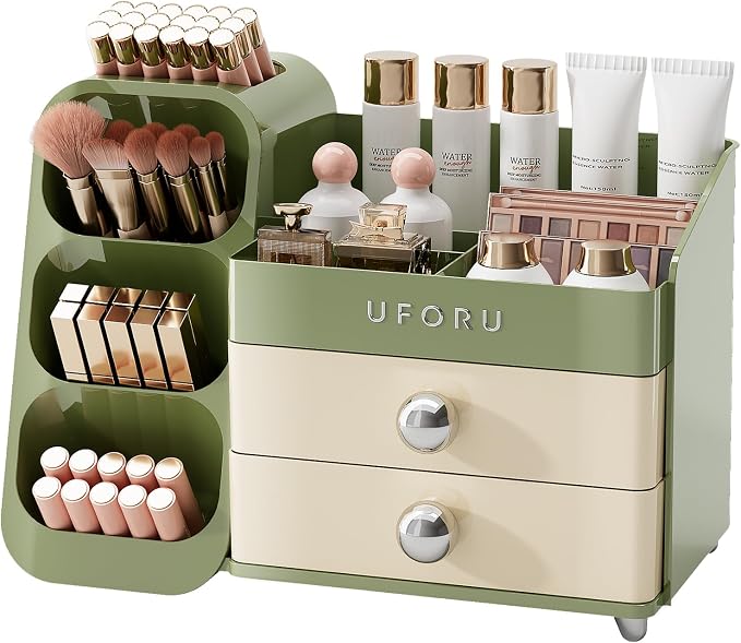 UFORU Makeup Organizer for Vanity with Brush Holder, Large Capacity Bathroom Countertop Skincare Organizer with 2 Drawers, Cosmetic Display Case for Perfumes, Eyeshadow Palettes, Nail Polishes