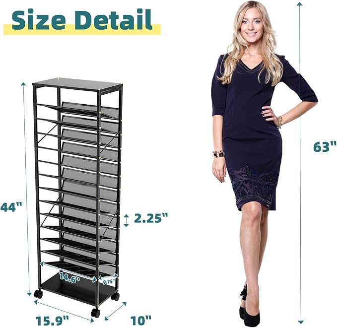 Ekisemio 15 Tier Rolling File Cart, Sturdy and Durable Desk File Organizer with Metal Mesh Letter Tray, Heavy-Duty Rolling Clutter Cart for Office, Home, School, Black