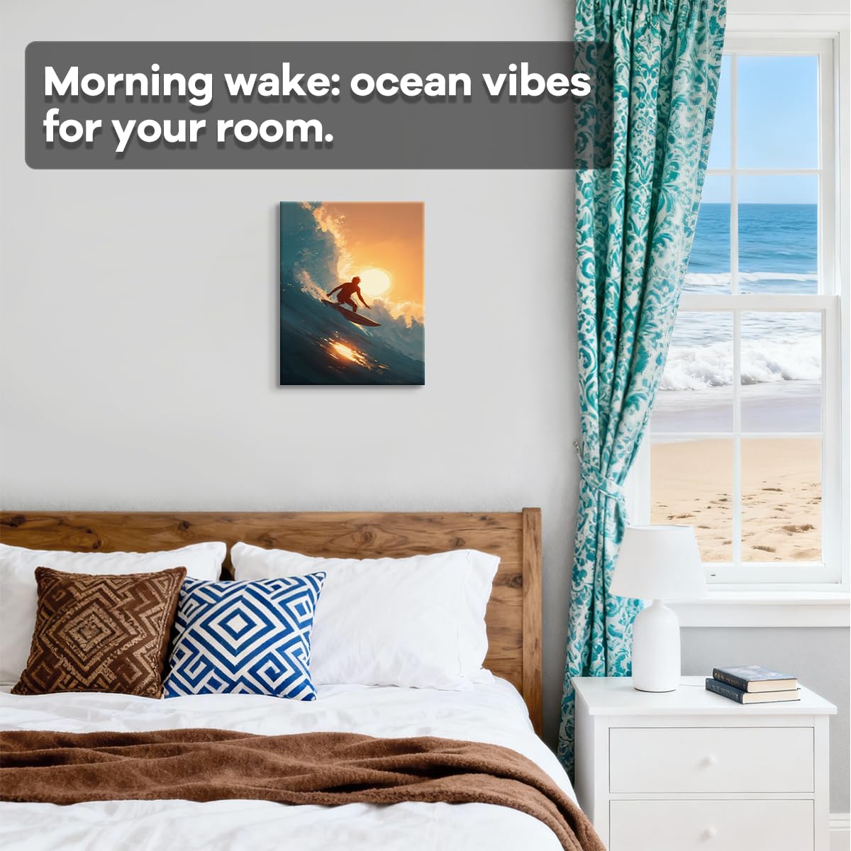 WOXZQ Sunset Surf Wall Art Surfer Silhouette Wall Decor Painting Blue and Golden Ocean Wave Canvas Print for Bedroom Living Room Beach House Surfing Poster Gift for Surfers 8x10 Inch