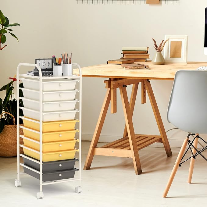 COSTWAY 10-Drawer Rolling Storage Cart, Utility Mobile Trolley with Removable Drawers & Universal Casters & 2 Brakes, Versatile Flexible Drawer Organizer Cart for Home, Office (Yellow)